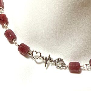 Genuine Magenta Chalcedony Short Necklace, Gemstone & Paw Print Heart Beat Charm